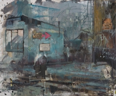 Daniel Pitin, Morning Train, 2012, Oil, acrylic, candle smoke and paper glued on canvas