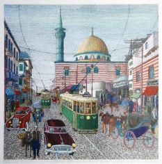 Khaldoun Chichakli, Al Sananeah Mosque and al Sabagin Bazaar (Farwateah) in Past Days, 2007, Watercolor on paper, 36 x 35.7 cm