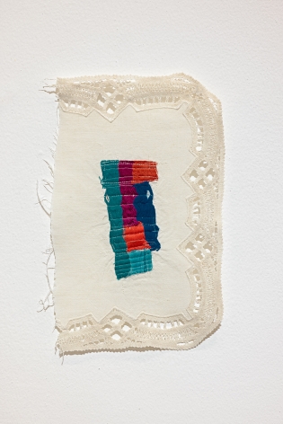 Majd Abdel Hamid, Research (how long was the thread I), 2022, Cotton thread on table cloth, 37 x 23 cm