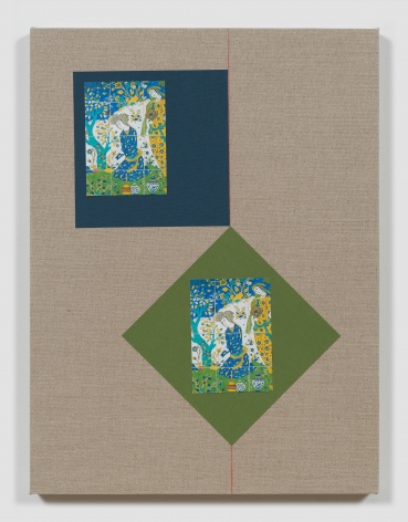 Kamrooz Aram, Ornamental Composition: Esfahan in the Fourth Dimension, 2018, Color pencil, book cloth and postcards on linen