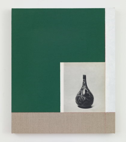 Kamrooz Aram, Andata (Luster on Blue Glaze), 2021, Oil, pencil and book page on linen, 60.96 x 50.8 cm